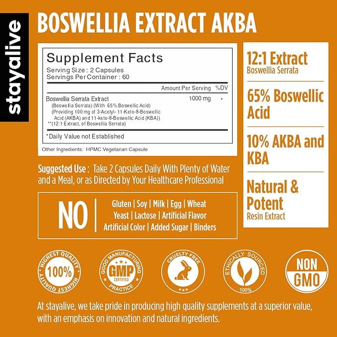 STAY ALIVE Boswellia Serrata Extract Capsules 1000mg with AKBA and 65% Boswellic Acid, 12:1 Resin Extract Powder, 120 Count for 2-Month Supply, Non-GMO and Gluten-Free Boswellia Supplement
