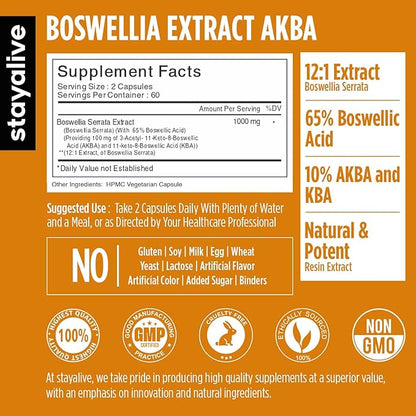 STAY ALIVE Boswellia Serrata Extract Capsules 1000mg with AKBA and 65% Boswellic Acid, 12:1 Resin Extract Powder, 120 Count for 2-Month Supply, Non-GMO and Gluten-Free Boswellia Supplement