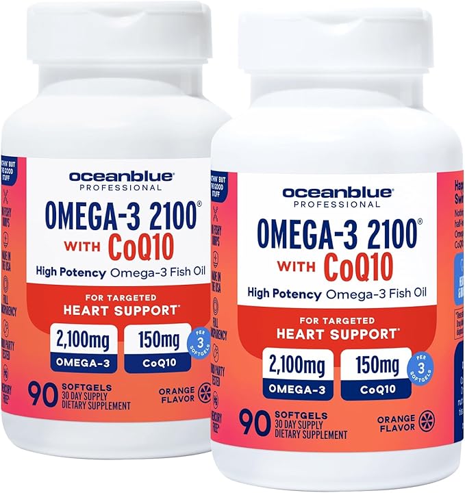 Oceanblue Professional Omega-3 2100 with CoQ10 – 90 ct – 2 Pack – Triple Strength Fish Oil Supplement with High-Potency EPA and DHA, and CoQ10 – Orange Flavor (60 Servings)