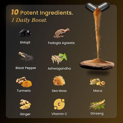 Shilajit Capsules for Men & Women, 16,000mg Pure Himalayan Organic Shilajit Supports Vitality and Wellness,Premium Pure Himalayan Supplement 2 Months Supply, 60 Capsules