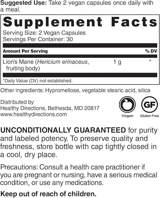 DOCTORS' PREFERRED Lions Mane Mushroom Supplement - 1,000 mg/Serving, 60 Vegan Capsules for Brain Health and Overall Daily Wellness. (30-Day Supply)