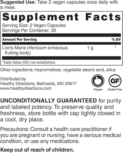 DOCTORS' PREFERRED Lions Mane Mushroom Supplement - 1,000 mg/Serving, 60 Vegan Capsules for Brain Health and Overall Daily Wellness. (30-Day Supply)