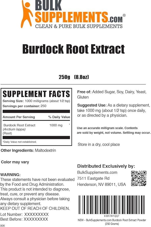 BulkSupplements.com Burdock Root Extract Powder - Burdock Root Powder, Herbal Supplement - Vegan & Gluten Free, 1g per Serving, 250g (8.8 oz) (Pack of 1)