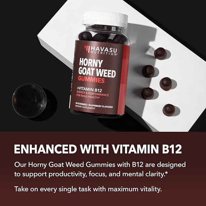 Horny Goat Weed Gummies with Vitamin B12 - Energy, Endurance & Performance Support for Male Health - 60 Count - Vegetarian-Friendly, Non-GMO, Pectin-Based - Raspberry Flavor, 1 Month Supply