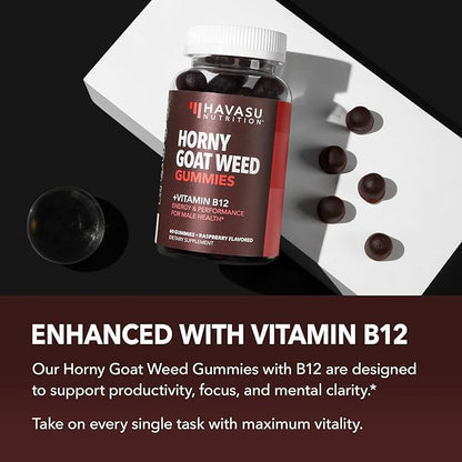 Horny Goat Weed Gummies with Vitamin B12 - Energy, Endurance & Performance Support for Male Health - 60 Count - Vegetarian-Friendly, Non-GMO, Pectin-Based - Raspberry Flavor, 1 Month Supply