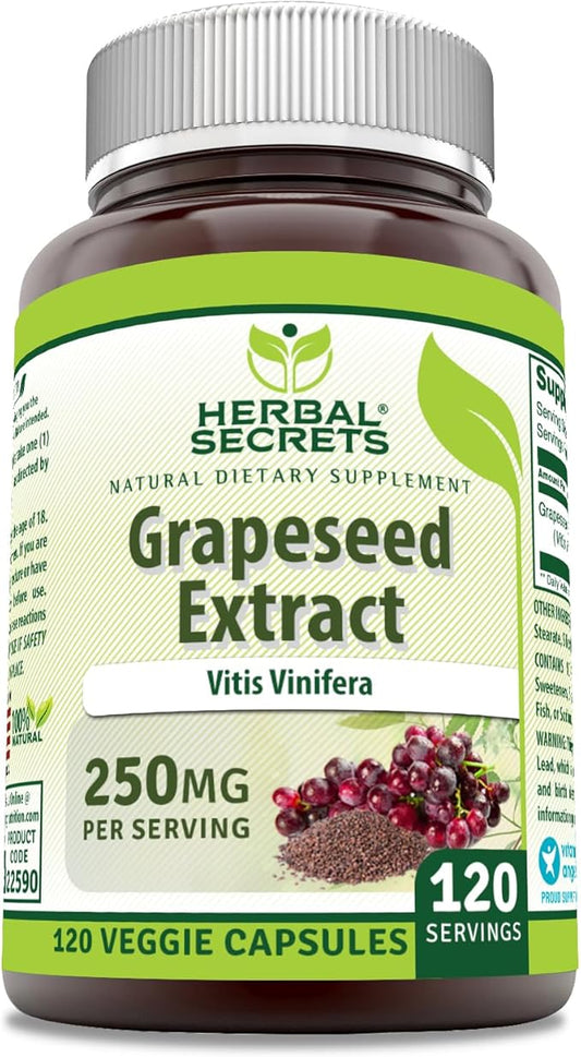 Herbal Secrets Grapeseed Extract Supplement | 250 Mg per Serving | 120 Veggie Capsules | Non-GMO | Gluten-Free | Made in USA