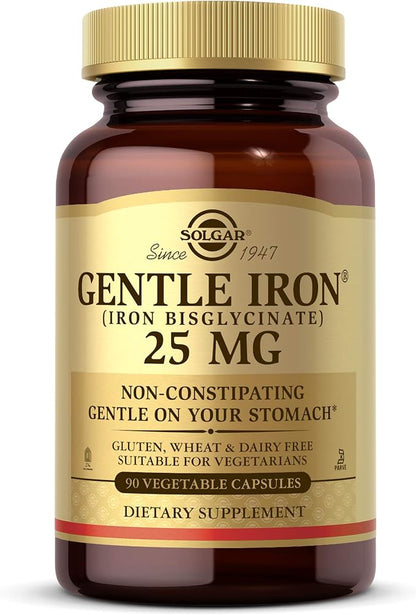 Solgar Gentle Iron 25mg, 90 Vegetable Capsules - Energy, Normal Red Blood Cell Production - Gentle on the Stomach - Non-GMO, Vegan, Gluten Free, Dairy Free, Kosher, Halal - 90 Servings