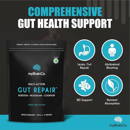myBrainCo Gut Repair - Gut Health & Digestion Supplement for IBS, Bloating, Reflux & Leaky Gut - Low-FODMAP Certified with Probiotics, Prebiotic Fibre, Digestive Enzymes, Glutamine, Marshmallow (310g)