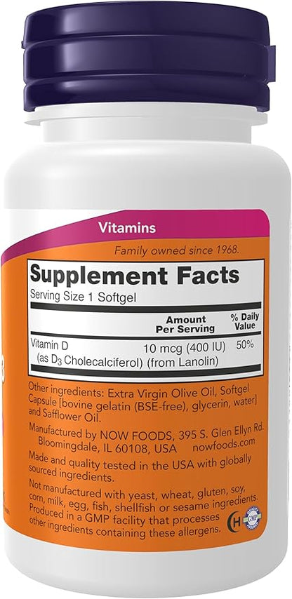 NOW Supplements, Vitamin D-3 400 IU, Strong Bones*, Structural support*, 180 Softgels