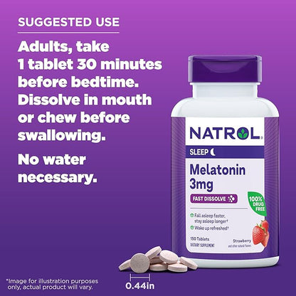 Natrol Melatonin 3mg, Strawberry-Flavored Dietary Supplement for Restful Sleep, 150 Fast-Dissolve Tablets, 150 Day Supply (Pack of 12)