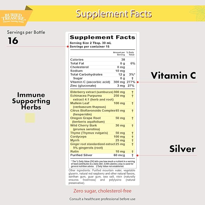 Buried Treasure Childrens ACF Advanced Immune Support, Cherry Flavor, 16oz w/Dose Cup, Immune Booster Supplement for Kids, Liquid Herbal Immunity Formula w/Vitamin C Elderberry Enchinacea Zinc