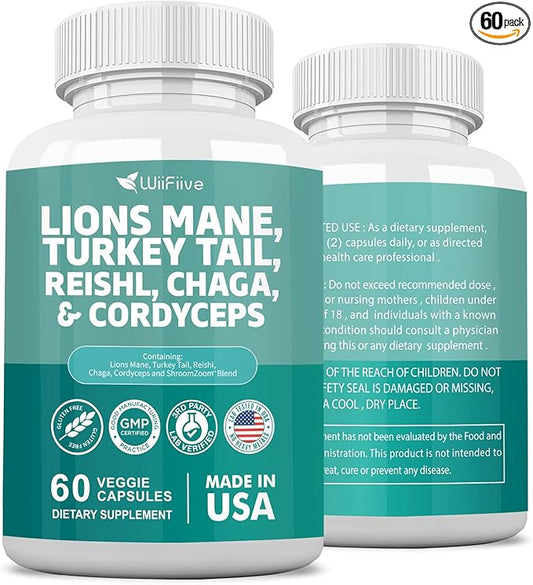 Lions Mane 3000mg Turkey Tail 3000mg Reishl 1000mg Chaga 1000mg Cordyceps Powder Extract Containing Maitaake Shiitake Black Fungus,Brain Supplement, Mineral Supplements, 60 Capsules