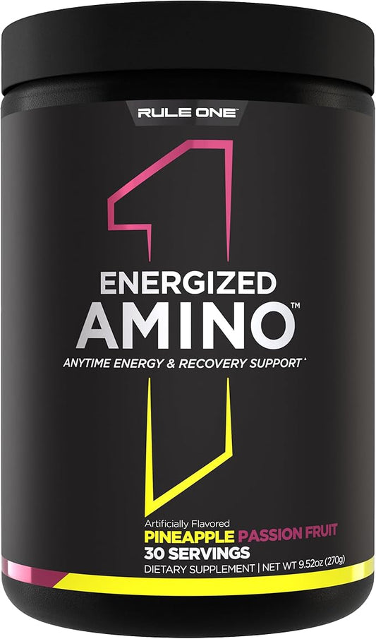 Rule 1 Energized Amino – Anytime Energy and Recovery Support with BCAAs, Glutamine, Citrulline, Beta Alanine, and Caffeine from Green Coffee & Tea Leaf Extracts (30 Servings, Pineapple Passionfruit)