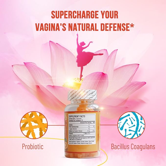 Vaginal Probiotic Gummies, 1 Billion CFU Women's Vaginal and Intestinal Health Supplement with Prebiotics & Digestive Enzymes, Orange Flavor, 60 Count