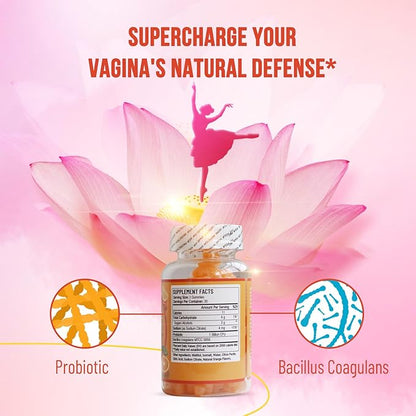 Vaginal Probiotic Gummies, 1 Billion CFU Women's Vaginal and Intestinal Health Supplement with Prebiotics & Digestive Enzymes, Orange Flavor, 60 Count