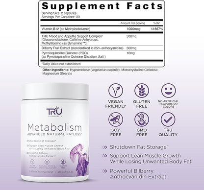 TRU Supplements Metabolism, Advanced Fat Loss, Fight Cravings, Boost Mood, No Jitters or Crash, 30 Servings