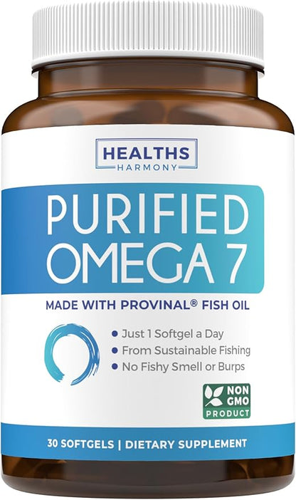 Purified Omega 7 Softgels (1 Month Supply) More Omega 7 & Less Palmitic Acid Than Sea Buckthorn Oil - Provinal Sustainable Peruvian Anchovy Fish Oil Supplement - Non-GMO & Gluten Free - 30 Capsules