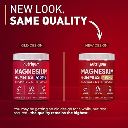 Magnesium Glycinate Gummies for Adults & Kids - 410mg Elemental Magnesium L-Threonate Chewables for Bones & Memory Support, Calm Mood - 2 Month Supply Magnesium Gummies Supplement Complex - 60 pcs