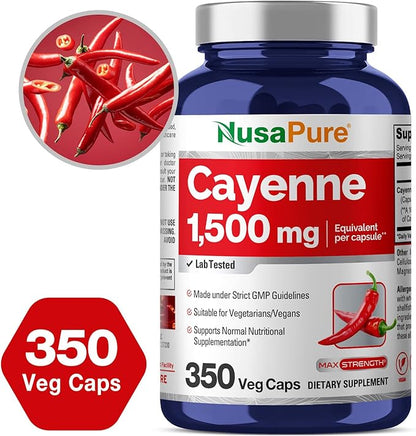 NusaPure Cayenne Pepper 1500mg Per Caps, 350 Veggie Capsules Vegan Vegetarian, Non-GMO