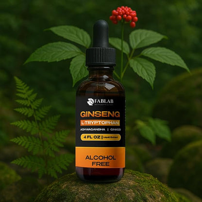 FabLab Ginseng L-Tryptophan Liquid Extract, Ashwagandha, Ginkgo, Red Korean Panax – Cognitive Support, Stress Relief, Energy Booster, 4 fl oz