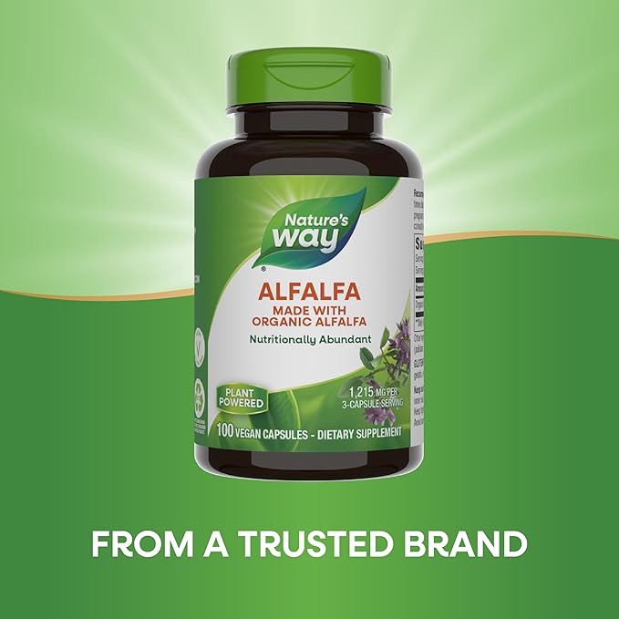 Nature's Way Alfalfa, Made With Organic Alfalfa, 1,215 mg per 3-capsule serving, Alfalfa Herbal Capsule, Gluten Free, Vegan, 100 Capsules (Packaging May Vary)