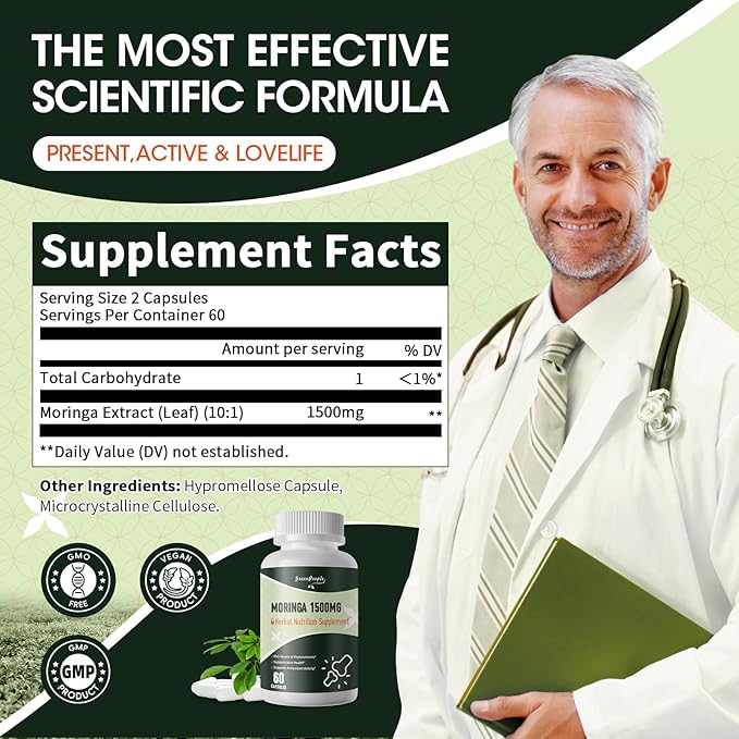 Moringa Pure Capsules, Rich Moringa Powder, A Natural Green Antioxidant Superfood - Supports Energy, Skin Health, Gut Health, with Essential Vitamins & Amino Acids, 60pcs*2