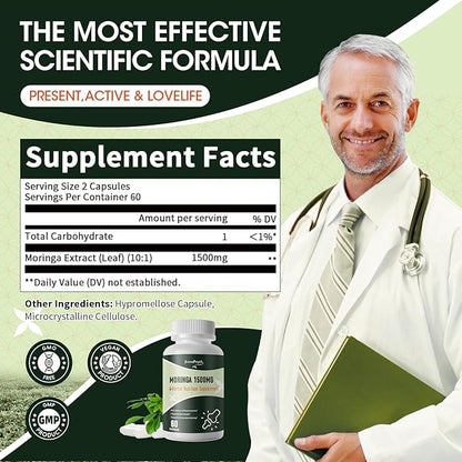 Moringa Pure Capsules, Rich Moringa Powder, A Natural Green Antioxidant Superfood - Supports Energy, Skin Health, Gut Health, with Essential Vitamins & Amino Acids, 60pcs*2