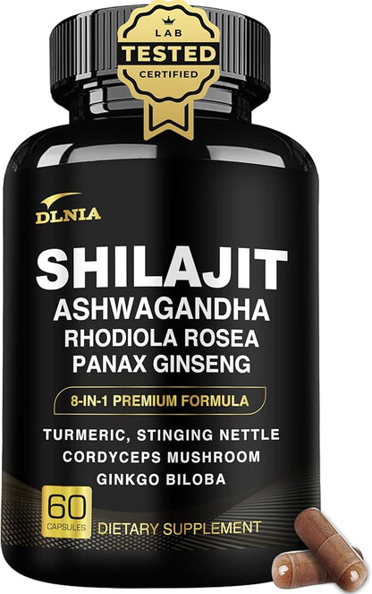 8-in-1 Shilajit for Men with Ashwaganda Himalayan Organic Supplement with Rhodiola Rosea, Ginseng, Turmeric, Mushroom Extract, for Immune Support, Energy, Calm, Focus, Clarity, Sleep, Cortisol