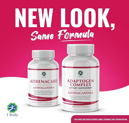 1 Body Ashwagandha Complex Supplement, Focus and Energy Support, 120 Vegan Capsules