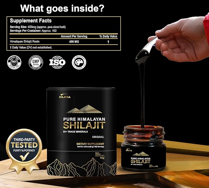 Shilajit Pure Himalayan Organic Shilajit Resin Supplement- Gold+ Grade with 85+ Trace Minerals with 75% Fulvic Acid, Overall Energy & Immune Support, Pure Shilajit for Men & Women, 65g