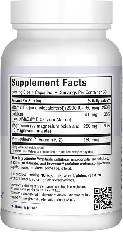 Maxi Health Men and Women 500 mg Calcium Supplement with Vitamin D3 (2000 IU), Magnesium (250 mg) and Vitamin K2 (150 mcg) - Bone, Teeth and Joint Support - 120 Capsules