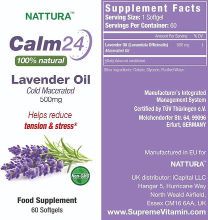 Nattura Calm Aid Lavender Oil Pills - 500mg - 60 Softgels - 100% Natural, Helps Reduce Stress, Calming for Body & Mind, Non-GMO, Certified Kosher
