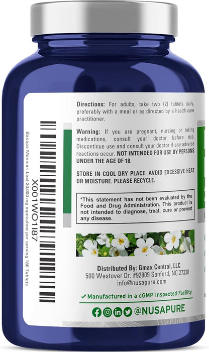 NusaPure Bacopa Leaf Monnieri Extract 20,000 mg 180 Tablets (Extract 20:1, Non-GMO, Gluten Free)