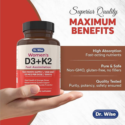 Dr. Wise Vitamin D3 5000 IU + K2 MK-7 - Women’s Supplement for Bone Strength, Heart Health, Immune Support & Radiant Skin - 60 Capsules - High Absorption - 2 Month Supply