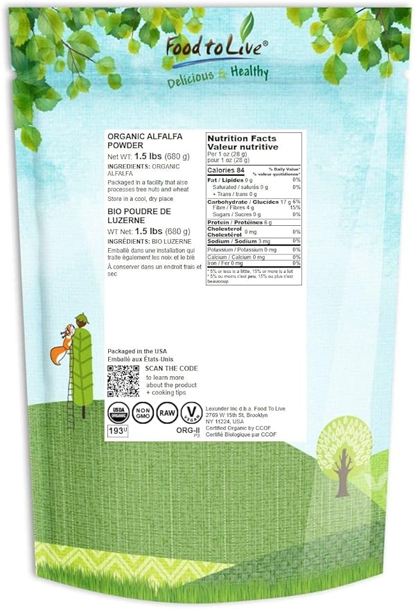 Food to Live Organic Alfalfa Powder, 1.5 Pounds - Non-GMO, Raw Dried Whole Young Leaves, Vegan, Great for Baking, Juices, Smoothies, Shakes, Tea, and Drinks. Good Source of Dietary Fiber and Protein