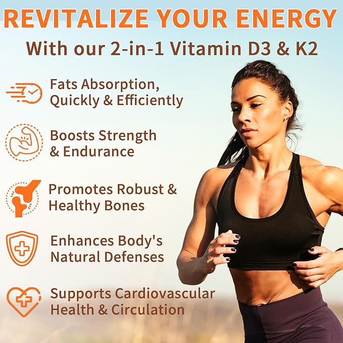 Vitamin D3 K2 Softgel 120pcs with Coconut Oil Support Immune, K2 D3 Vitamin Supplement Fast Absorption, D3 K2 Vitamin 10000IU, Promotes Healthy Bones, Non-GMO