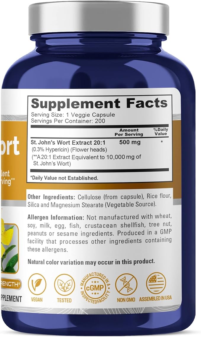 NusaPure St. John's Wort 10,000mg 200 Veggie Capsules (Vegetarian, Non-GMO) Bioperine