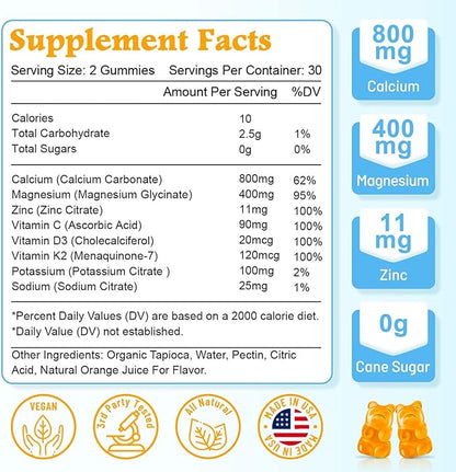 High Absorption Calcium Gummies, Sugar Free Calcium Magnesium Supplement with Potassium Vitamin D3 for Men and Women - Vegan, Orange Flavor 120 Cts