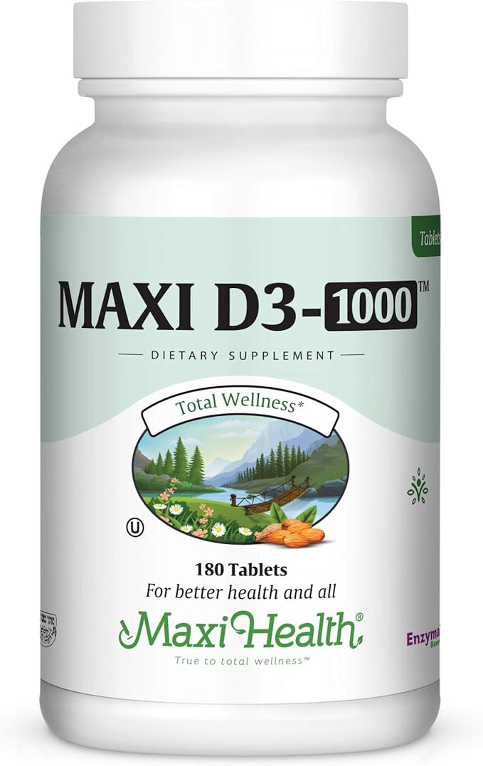 Maxi Health Vitamin D3 1000 IU Dietary Supplement - Easy to Swallow - Odorless & Tasteless - Supports Calcium Absorption, Immune Health and Bone Health in Adult Women & Men - 180 Tablets