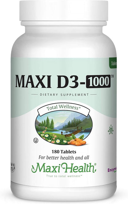 Maxi Health Vitamin D3 1000 IU Dietary Supplement - Easy to Swallow - Odorless & Tasteless - Supports Calcium Absorption, Immune Health and Bone Health in Adult Women & Men - 180 Tablets