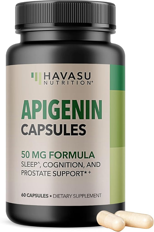 Apigenin Capsules 50mg - 60 Count, Vegan, Non-GMO, Sleep & Cognitive Support Supplement - Chamomile Flavonoid for Relaxation, Prostate Health, Melatonin-Free, Liposomal Formula for Enhanced Absorption
