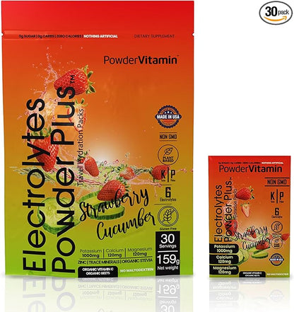 Electrolytes Powder Plus, Keto, Strawberry Cucumber, Sugar Free, 1000mg Potassium, 120mg Calcium, 120mg Magnesium, Non-GMO, Zero Calories, 30 Hydration Packets