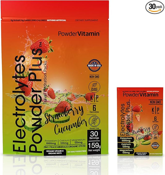 Electrolytes Powder Plus, Keto, Strawberry Cucumber, Sugar Free, 1000mg Potassium, 120mg Calcium, 120mg Magnesium, Non-GMO, Zero Calories, 30 Hydration Packets