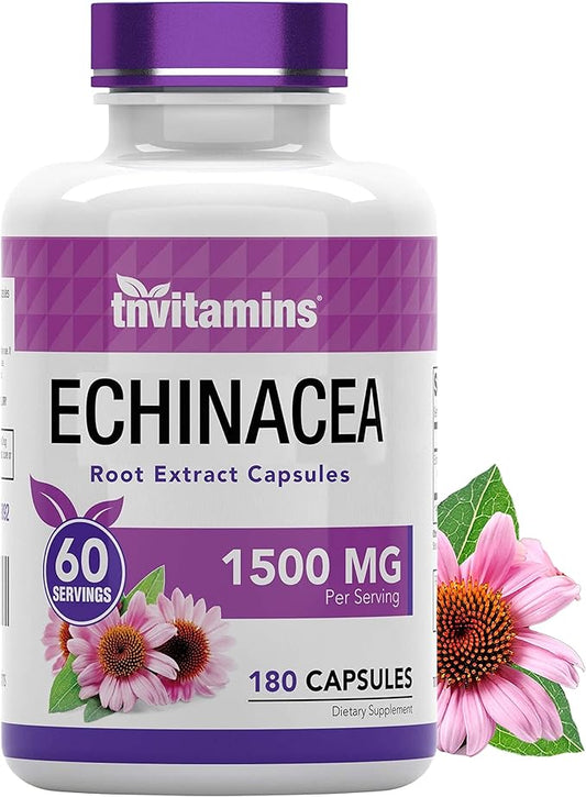 Echinacea Capsules (1500 MG - 180 Capsules) | Supports Health & Well-Being | Echinacea Root Herbal Extract Supplement | Produced in The USA