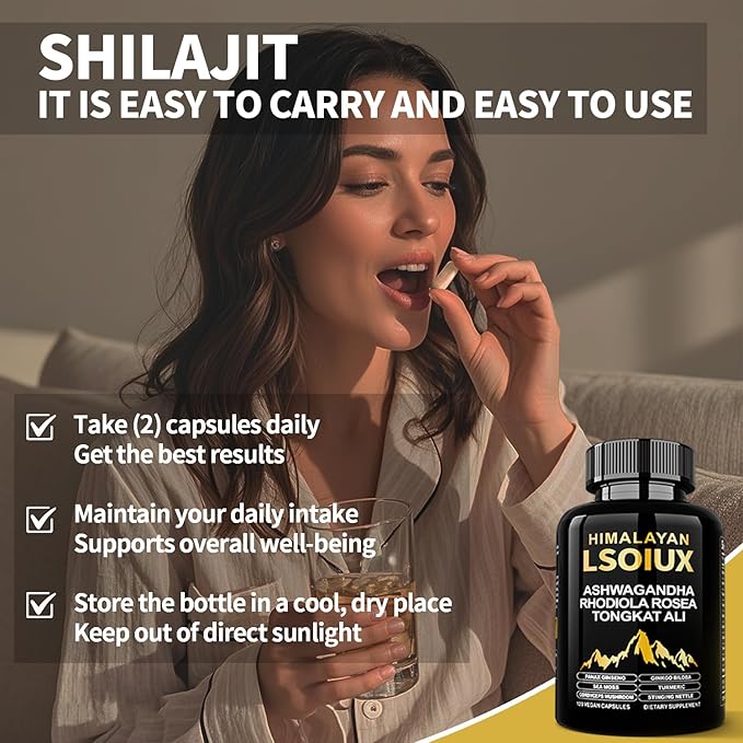 Shilajit Pure Himalayan Organic - 119 Capsules, No Artificial Additives, Formulated with Ashwagandha and Ginseng, Suitable for Various Lifestyles