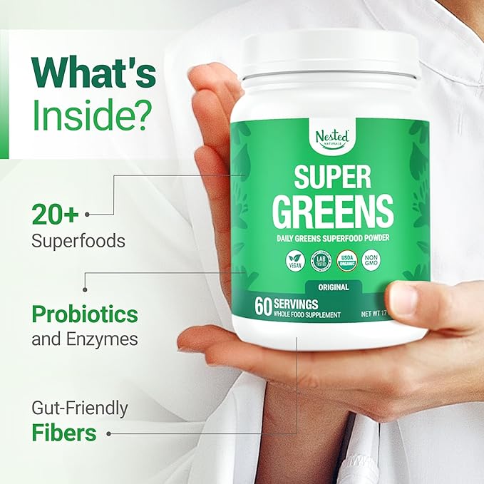Super Greens Daily Greens Superfood Powder - Certified USDA Organic Green Powder w/20+ Whole Foods, Spirulina Powder, Wheat & Barley Grass - Probiotics, Fiber & Enzymes - Original Flavor, 60 Servings