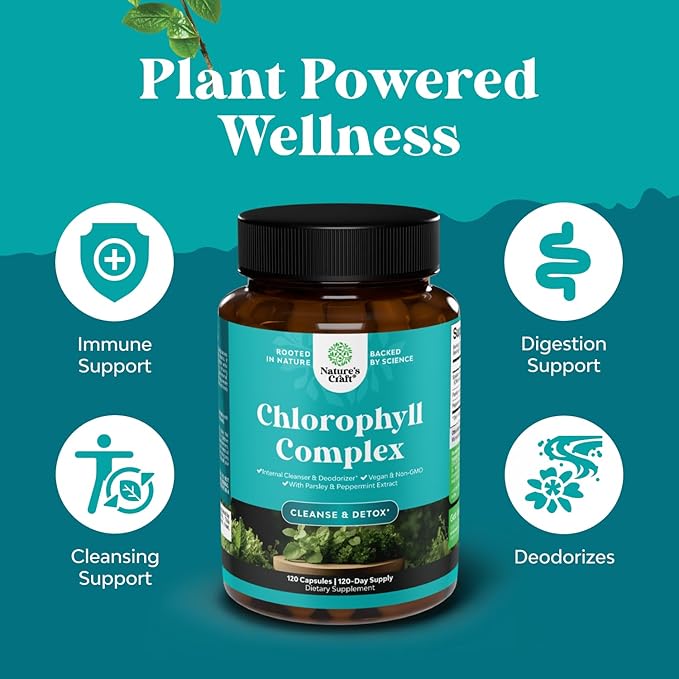Chlorophyll Capsules for Cleanse and Detox Support - Internal Deodorant Pills for Body Odor with Mint & Parsley Extract Healthy Skin Immunity & Digestive Support - Vegan Non-GMO & Gluten Free (120ct)