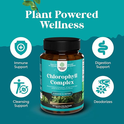 Chlorophyll Capsules for Cleanse and Detox Support - Internal Deodorant Pills for Body Odor with Mint & Parsley Extract Healthy Skin Immunity & Digestive Support - Vegan Non-GMO & Gluten Free (120ct)