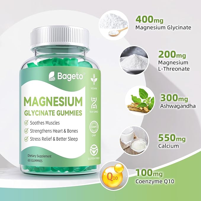 Magnesium Glycinate Gummies 400mg,Sugar Free Magnesium Gummies for Adults & Kids,High Absorption Magnesium Supplement for Sleep,Stress & Muscle Relief (60 Count, Mixed Berry)