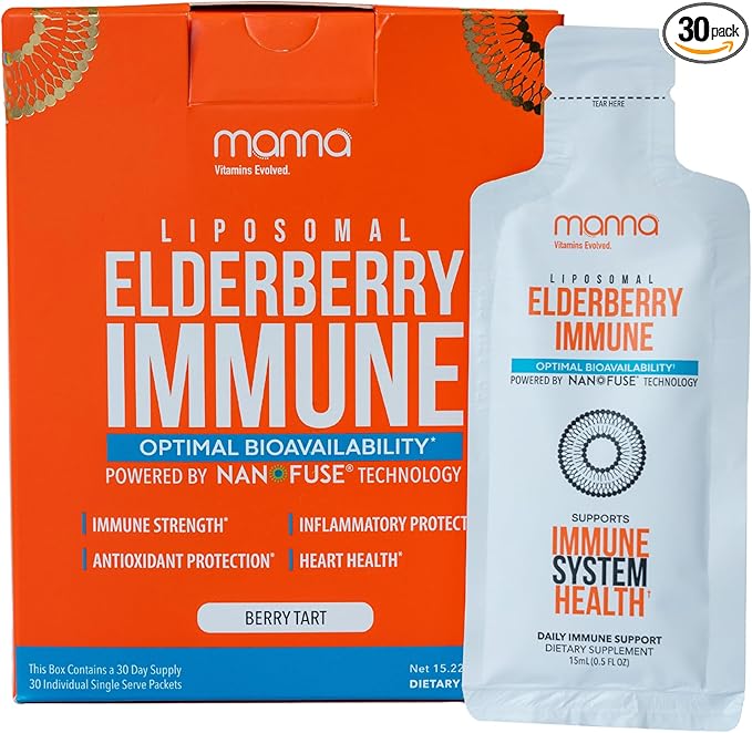 Manna Liposomal Elderberry Immune Packets – Vitamins C, D, Zinc, Echinacea & Ginger - Daily Immune Support for Adults & Kids - Sugar Free, Real Elderberry Extract & Syrup, Travel-Friendly, 30 Pack